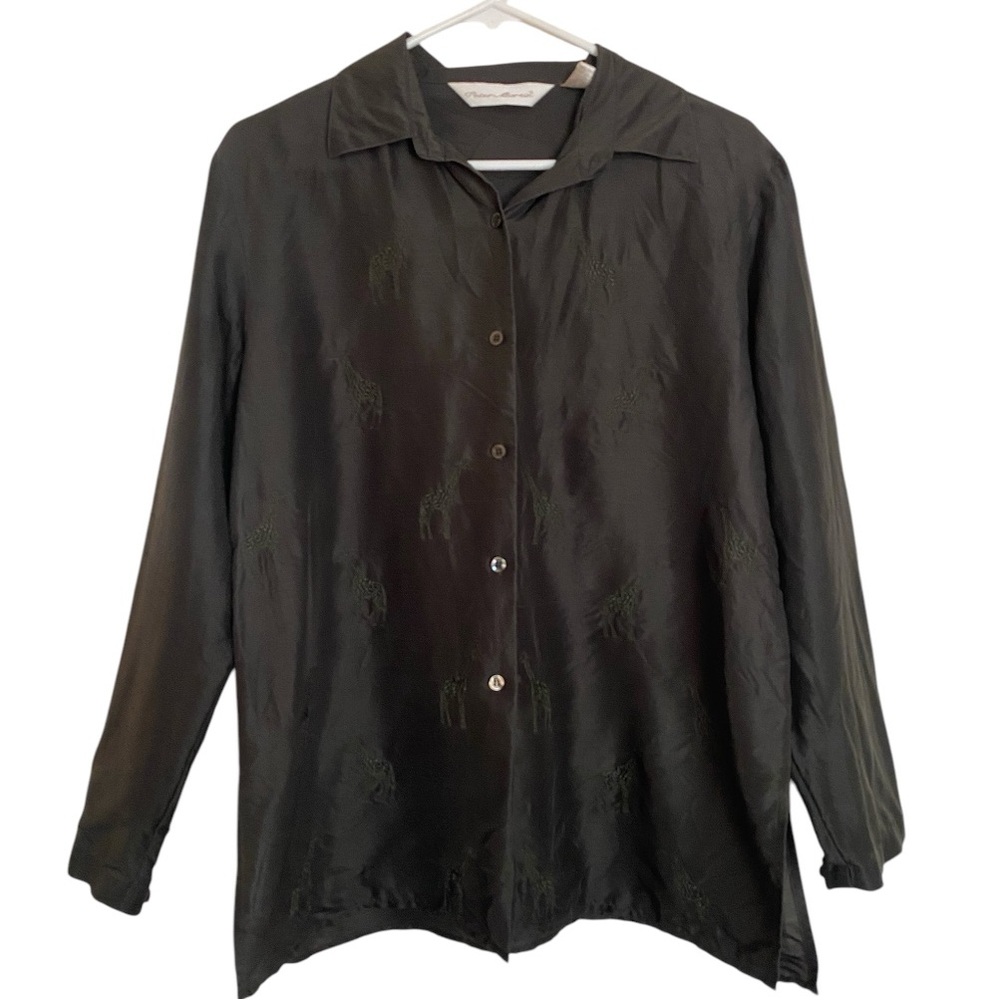 Dark Olive Green Silk Button-Up Shirt, Embroidered Giraffes 🦒 Boho Chic Style